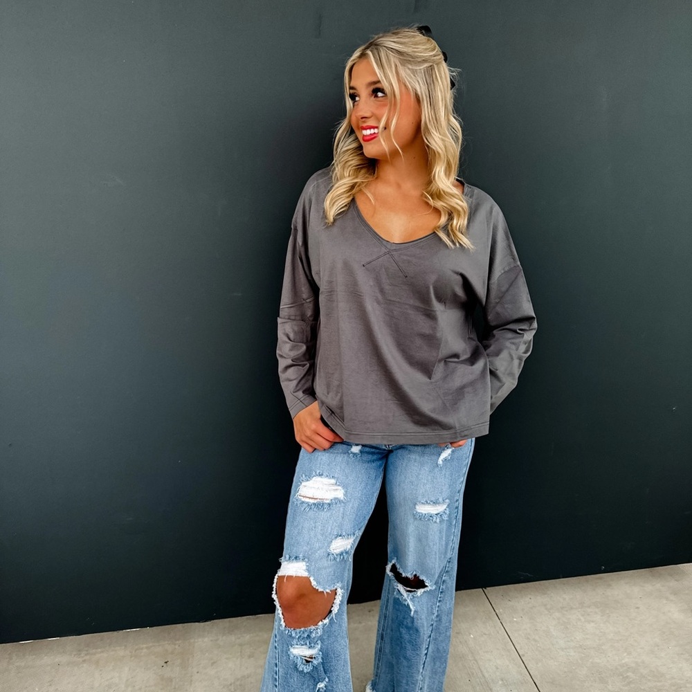 Parker Basic Washed Long Sleeve Tee In Charcoal | LG/XL